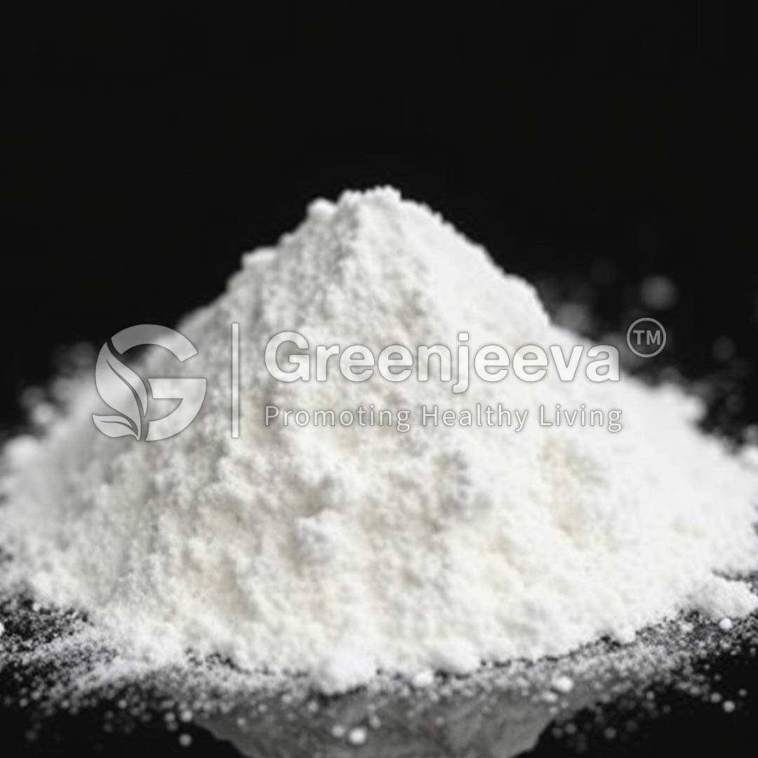 A close-up of a mound of Amylase Powder against a black background, with the Greenjeeva logo to the side, promoting healthy living.