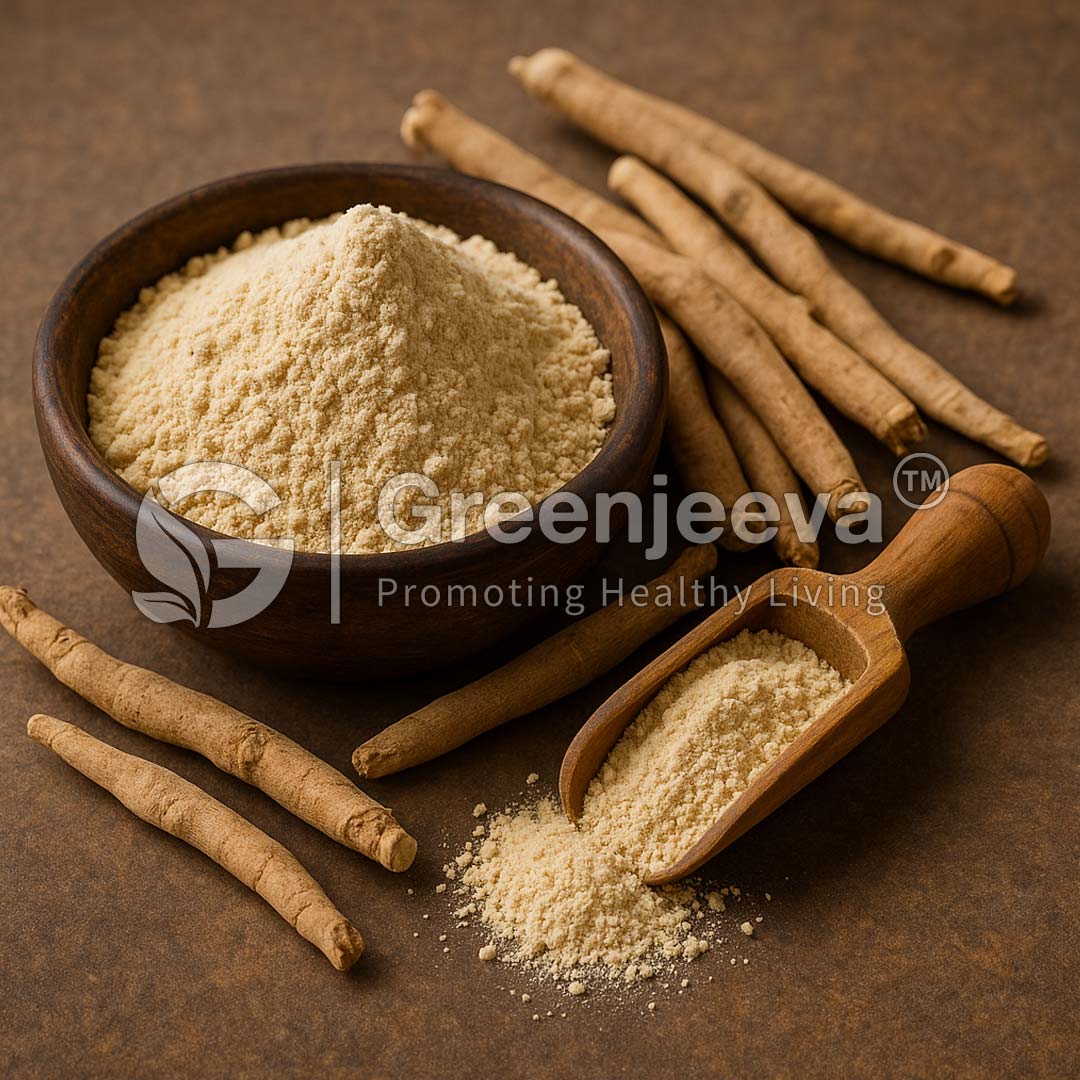 A wooden bowl filled with Ashwagandha Extract Powder 10:1 herbal powder and a scoop, surrounded by long, dried medicinal roots on a textured surface.