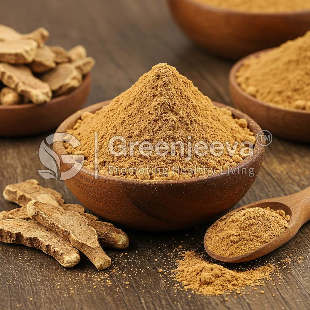 A wooden bowl filled with Ashwagandha Extract Powder 2.5% Withanolide Gravimetry spice, surrounded by dried root pieces and a wooden spoon with more powder.