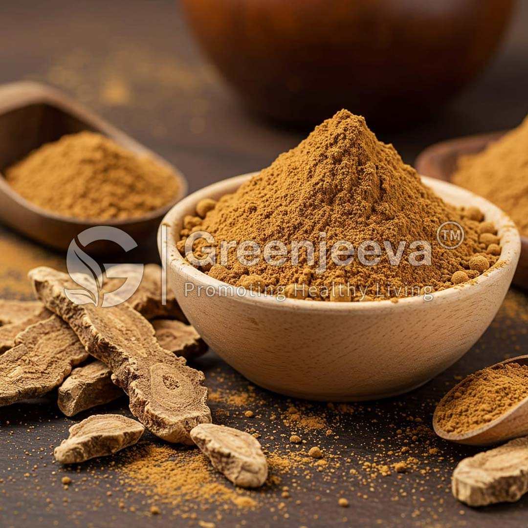 A bowl of Ashwagandha Extract Powder 5% Withanolide herbs with spoonfuls of spices and root slices on a wooden surface, highlighting natural health products.