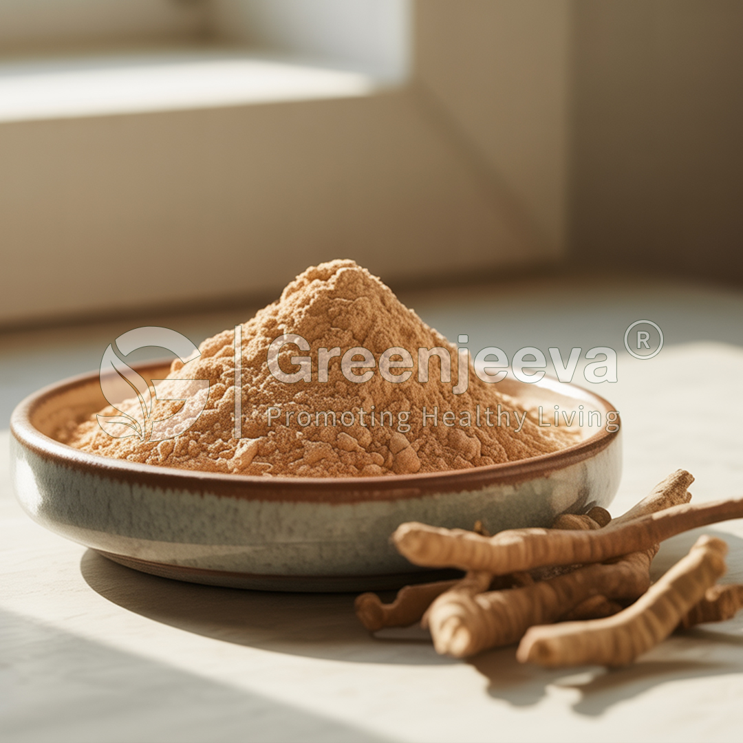A bowl of fine Ashwagandha Root Extract Powder sits beside several roots, illuminated by soft natural light, suggesting a health supplement.