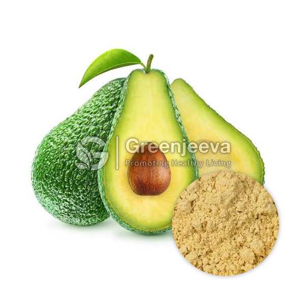 Two fresh avocados, one halved to show the seed, next to a mound of Avocado Fruit Powder on a white background.