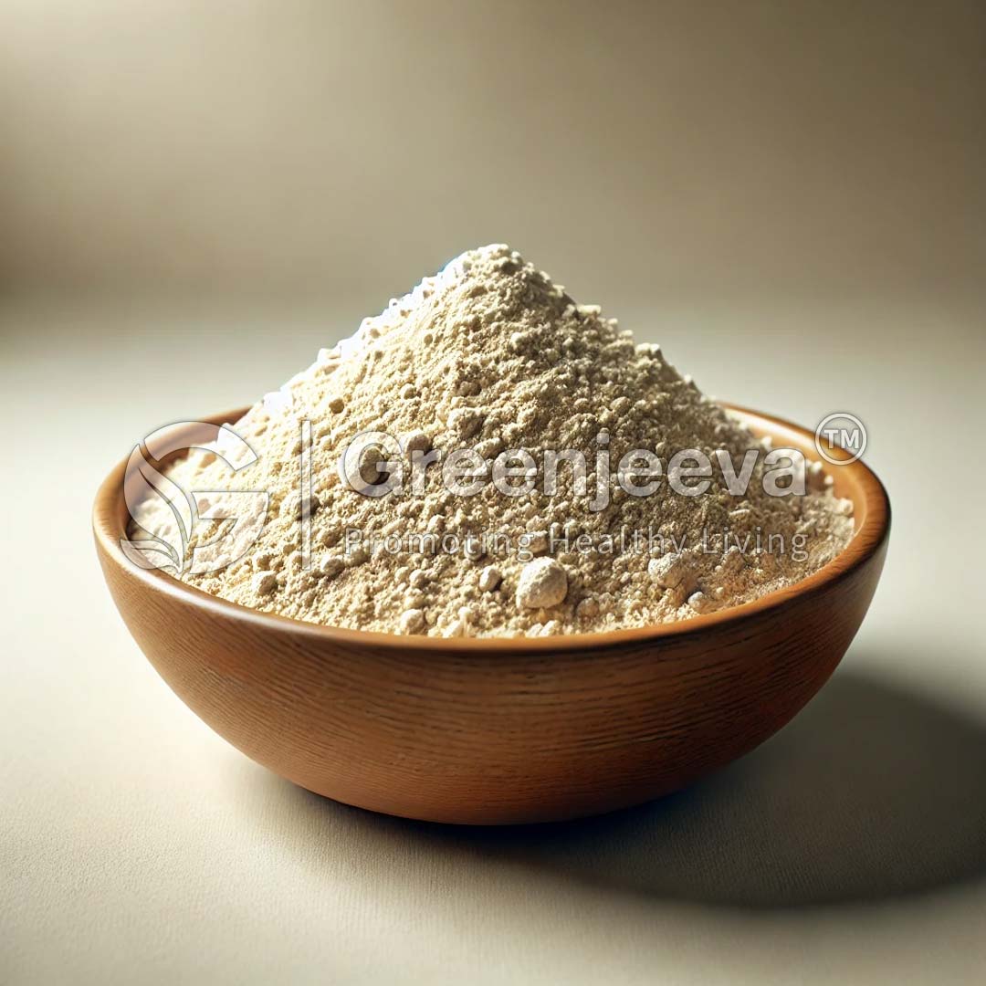 A wooden bowl filled with a mound of light-colored powder, softly illuminated against a neutral background.