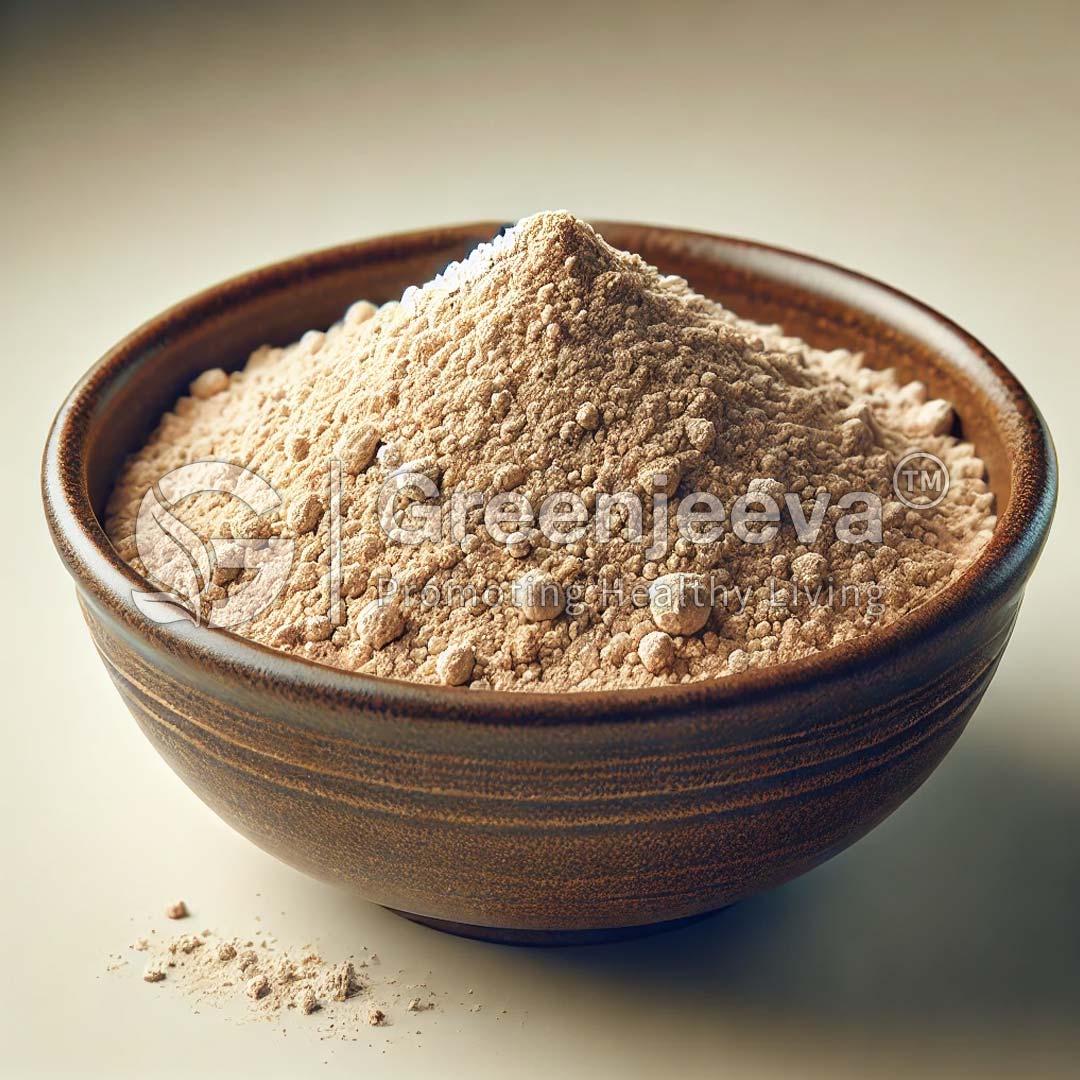 A rustic bowl filled with a mound of fine Bacillus clausii Powder 100 B CFU/G , possibly a natural supplement or spice, on a softly lit surface.