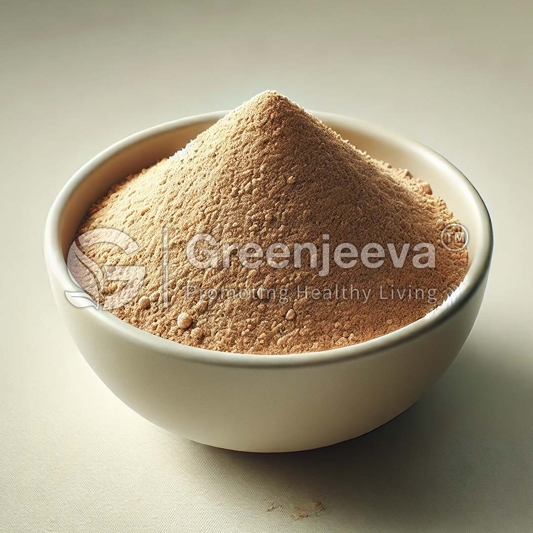 A close-up of a bowl filled with a pale brown powder, likely a health supplement or natural ingredient.