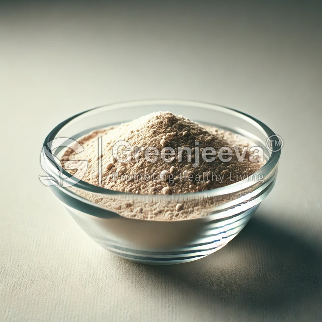 A clear glass bowl filled with Bacillus subtilis Powder 100 B CFU/G, with a small mound of powder spilled beside it on a light background.