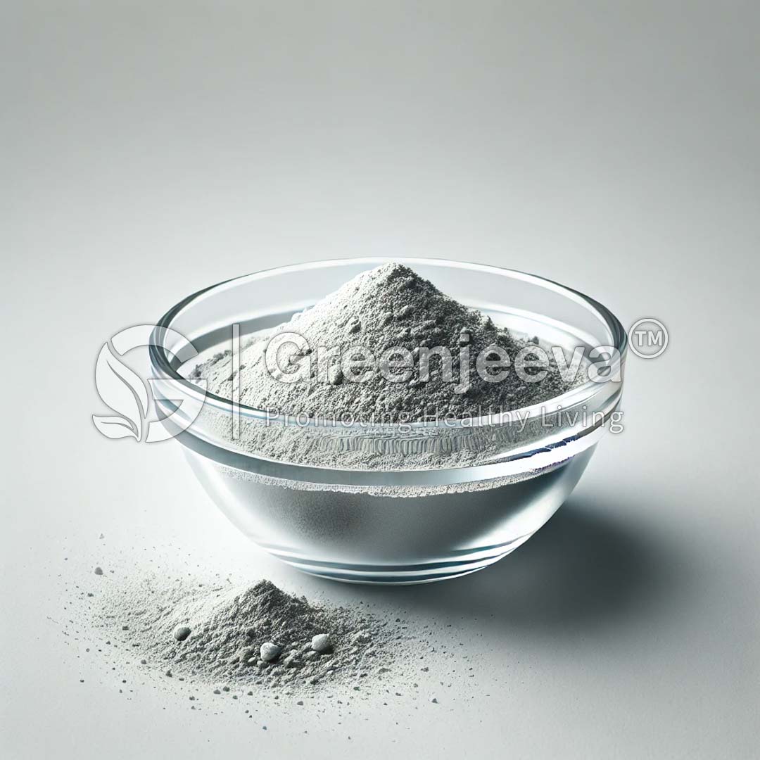 A clear glass bowl filled with Bacillus subtilis Powder 200 Billion CFU/g , with a small mound of powder spilled beside it on a light background.
