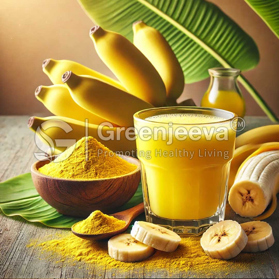 A glass of yellow Banana Juice Powder smoothie surrounded by fresh bananas, banana slices, and turmeric powder on a wooden table with green leaves.