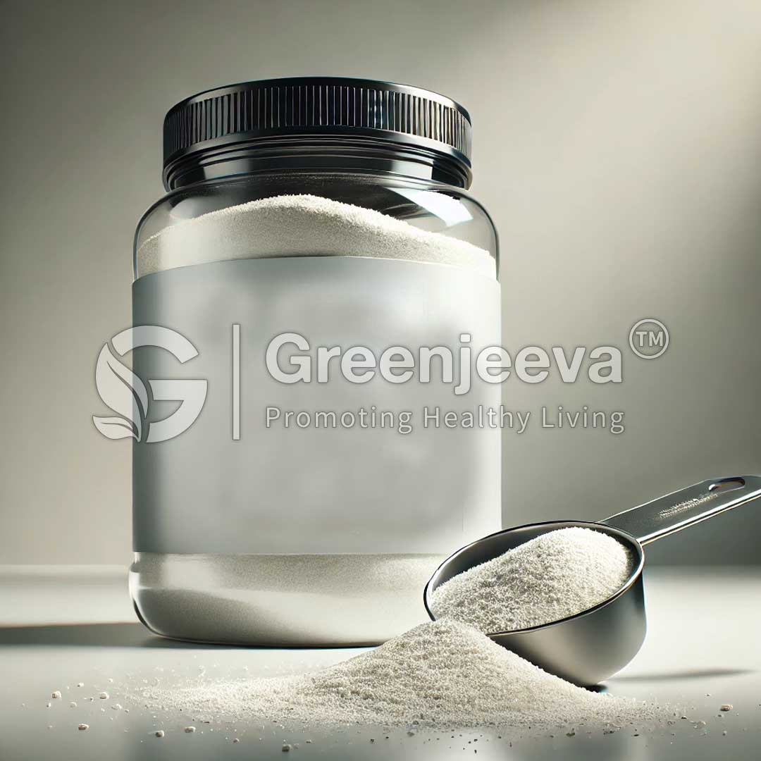 A transparent jar filled with Bcaa Powder 2:1:1 sits beside a measuring scoop, with branding text for Greenjeeva promoting healthy living.