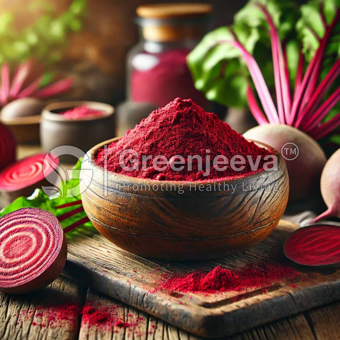 A wooden bowl filled with vibrant red beetroot powder, surrounded by fresh beets and green leaves on a rustic wooden table.