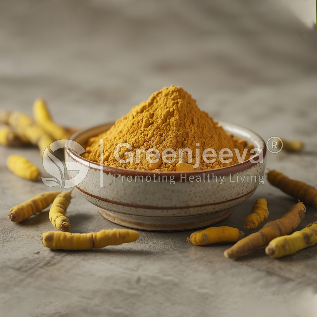 A bowl of vibrant Berberine Powder surrounded by whole turmeric roots, showcasing its natural color and texture.