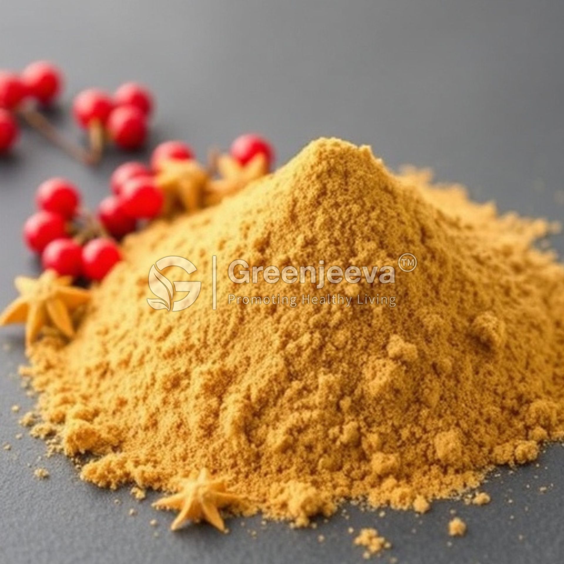A mound of Berberis Aristata Bark Extract Powder surrounded by red berries and star anise on a dark grey surface.
