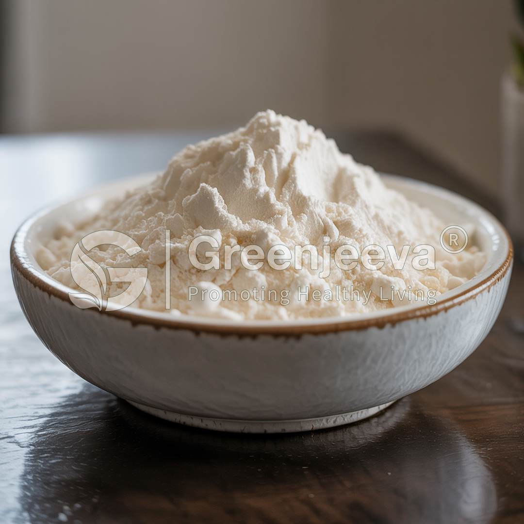 A bowl of fine white flour with a scoop piled high, set on a wooden table with soft natural lighting. Green Jeeva logo visible.