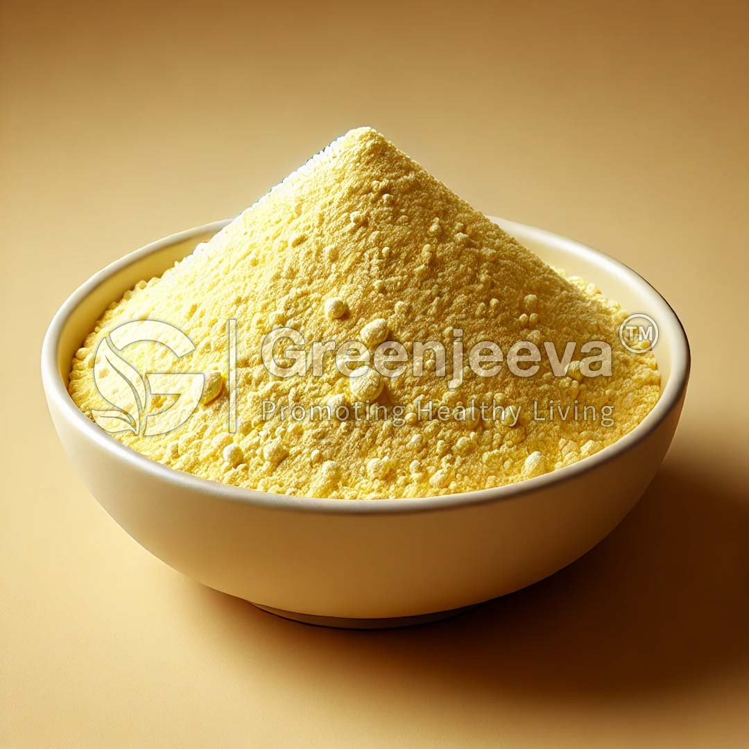 A bowl of bright yellow, finely ground Bifidobacterium lactis powder 600B CFU/G, presented in a conical shape, set against a soft, neutral background.