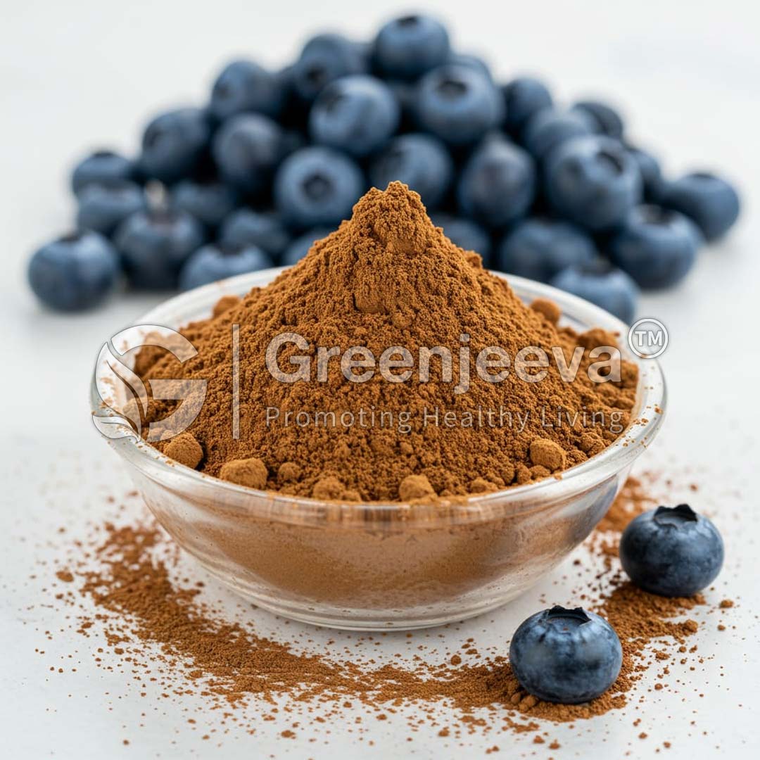 A clear bowl filled with finely powdered Blueberry Leaf Powder, surrounded by fresh blueberries, highlighting healthy living choices.