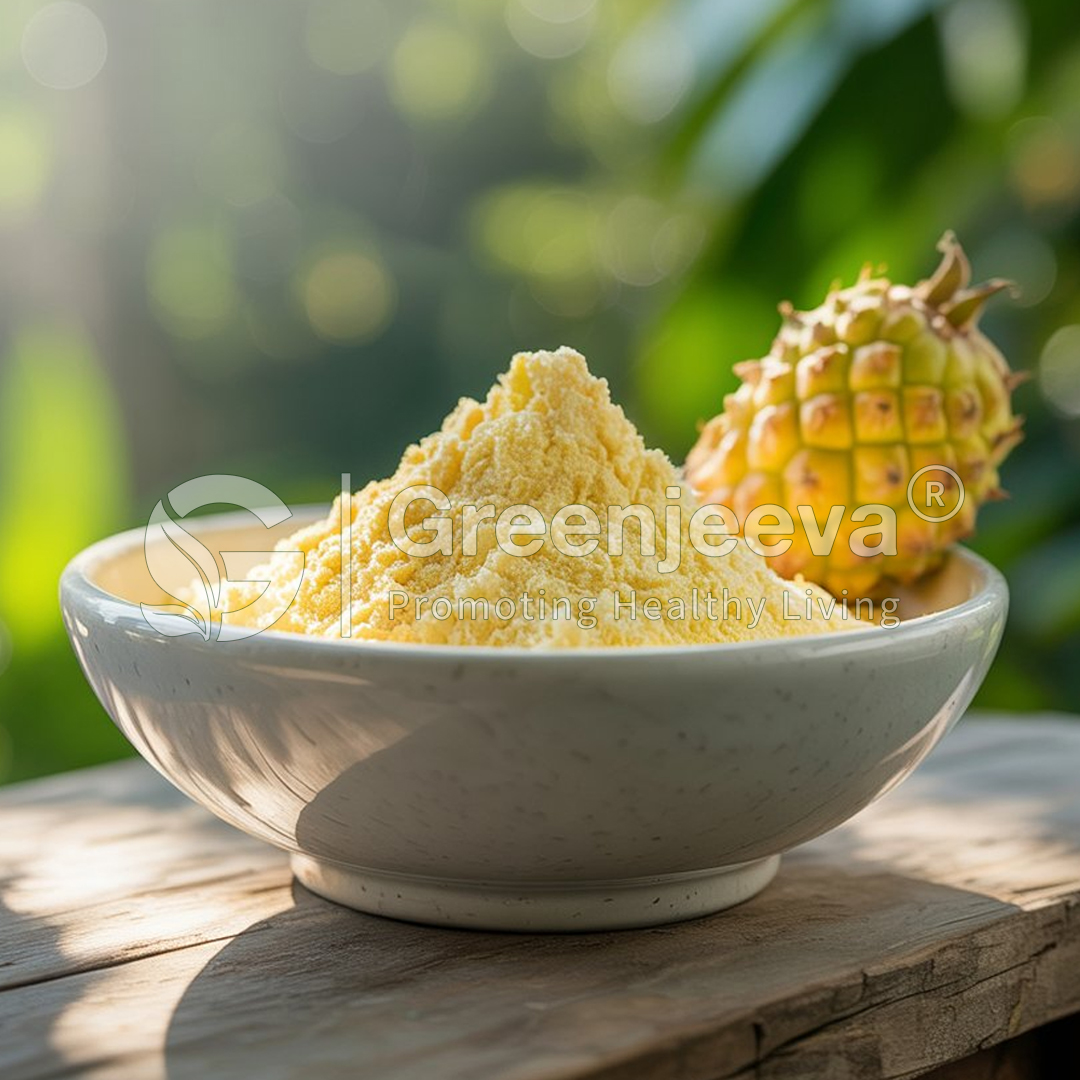 A bowl of bright Bromelain Powder-sits on a wooden surface, with a fresh pineapple in the background, surrounded by greenery.