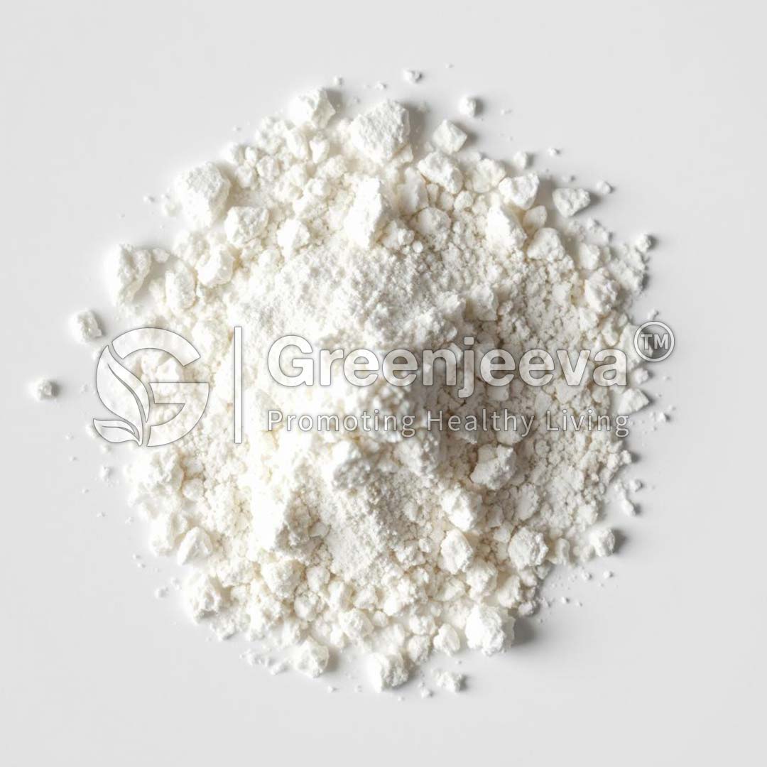 A small pile of fine calcium carbonate granular Dc powder on a light surface promoting healthy living.