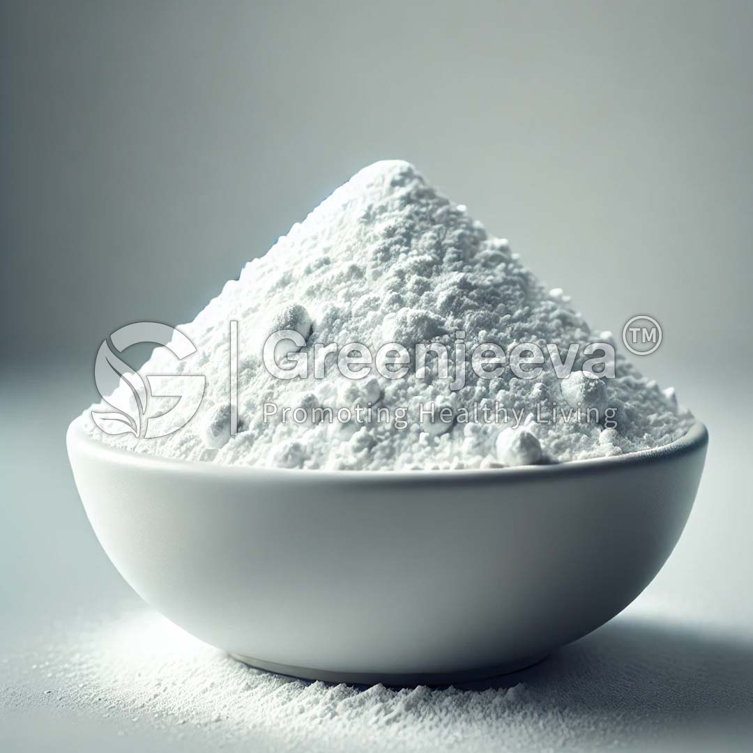 A close-up view of a bowl filled with calcium D-Glucarate powder, set against a softly lit background.