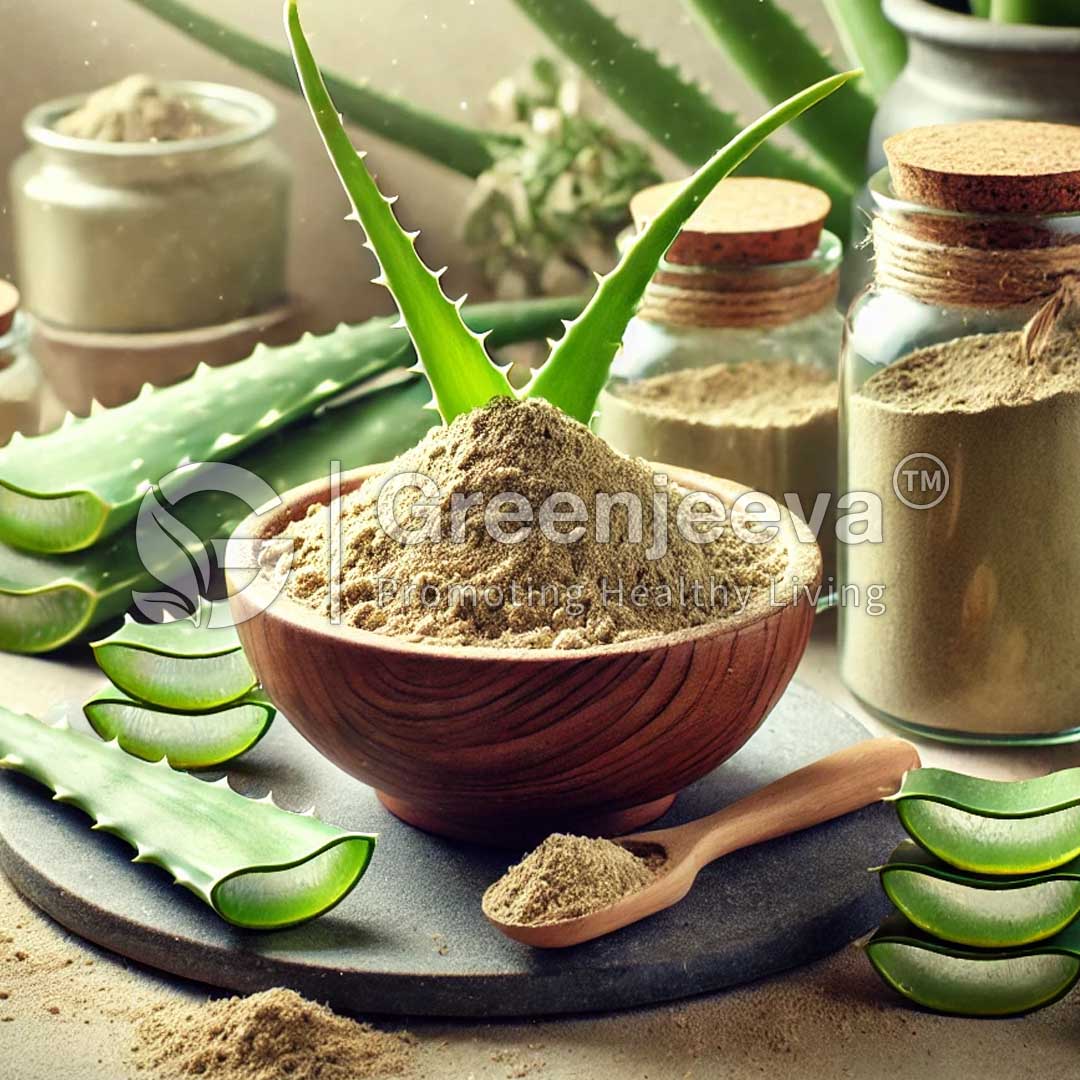 A wooden bowl filled with Cape aloe powder displays fresh aloe vera leaves and glass jars of natural ingredients, promoting healthy living.