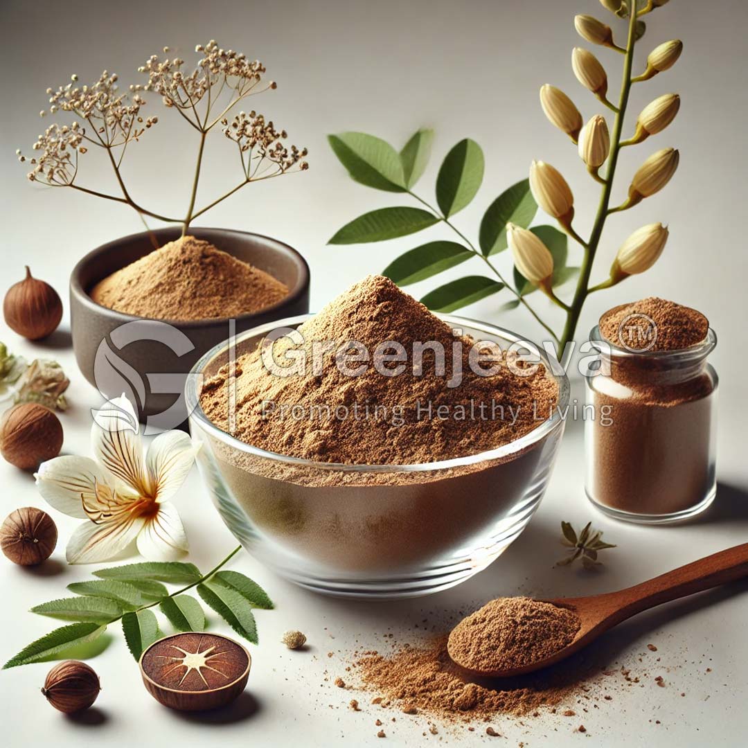 A variety of herbal powders in bowls, surrounded by botanical elements like leaves, seeds, and flowers, promoting natural health.