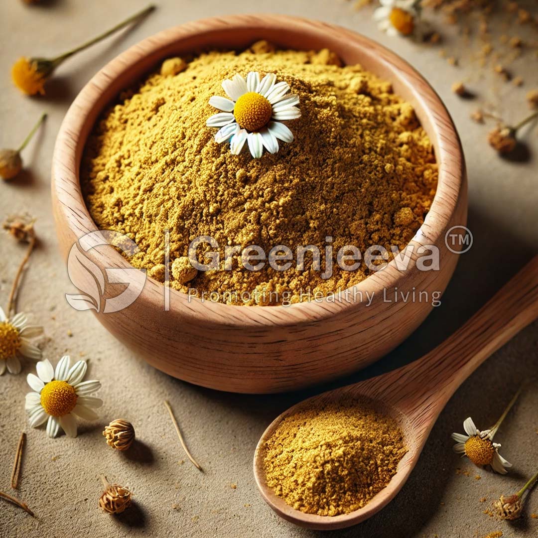 A clear bowl filled with golden powder, adorned with a daisy, surrounded by herbs and flowers, showcasing natural health ingredients.
