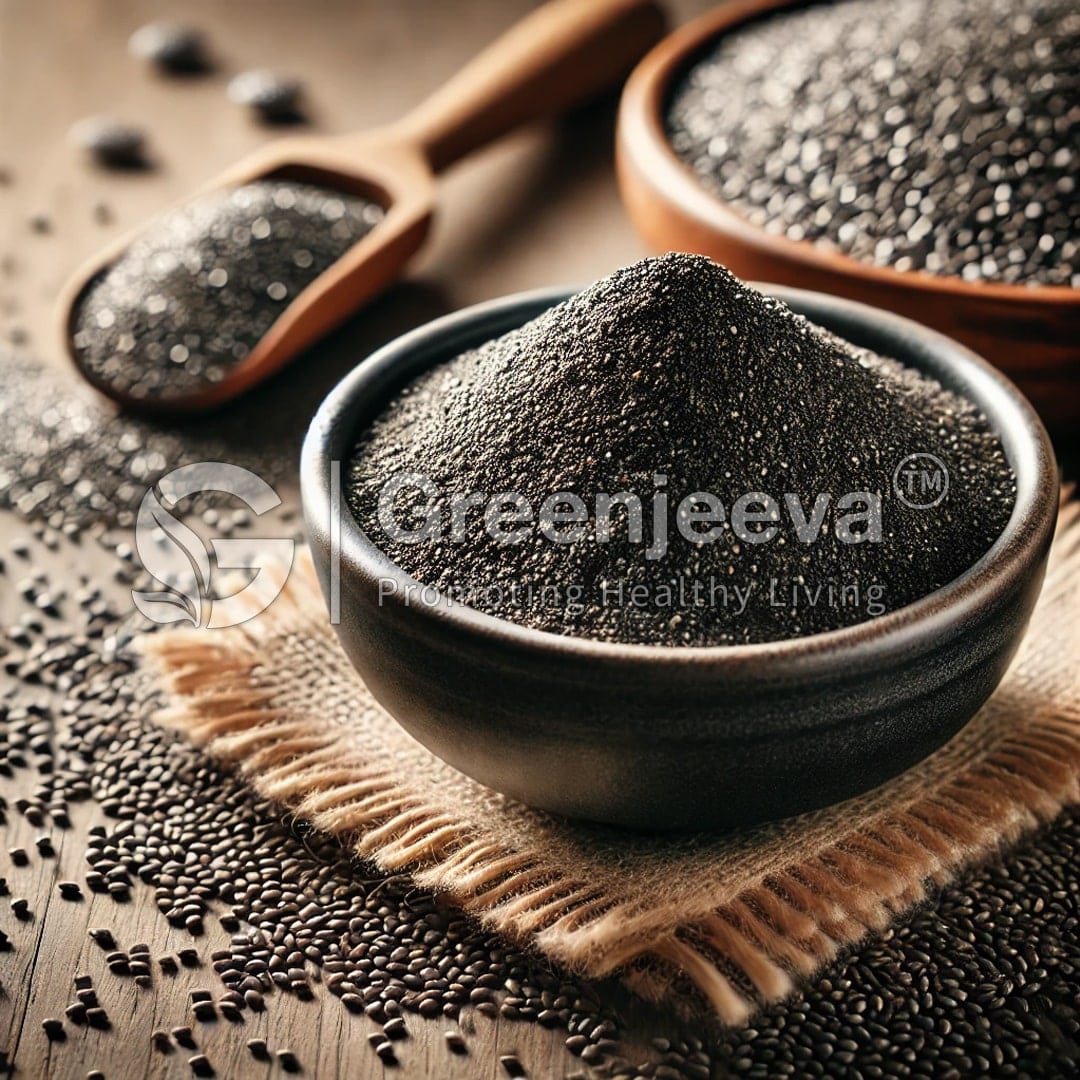 A bowl of Chia Seed , Whole sits on a burlap textile, with scattered seeds and a wooden scoop in the background.