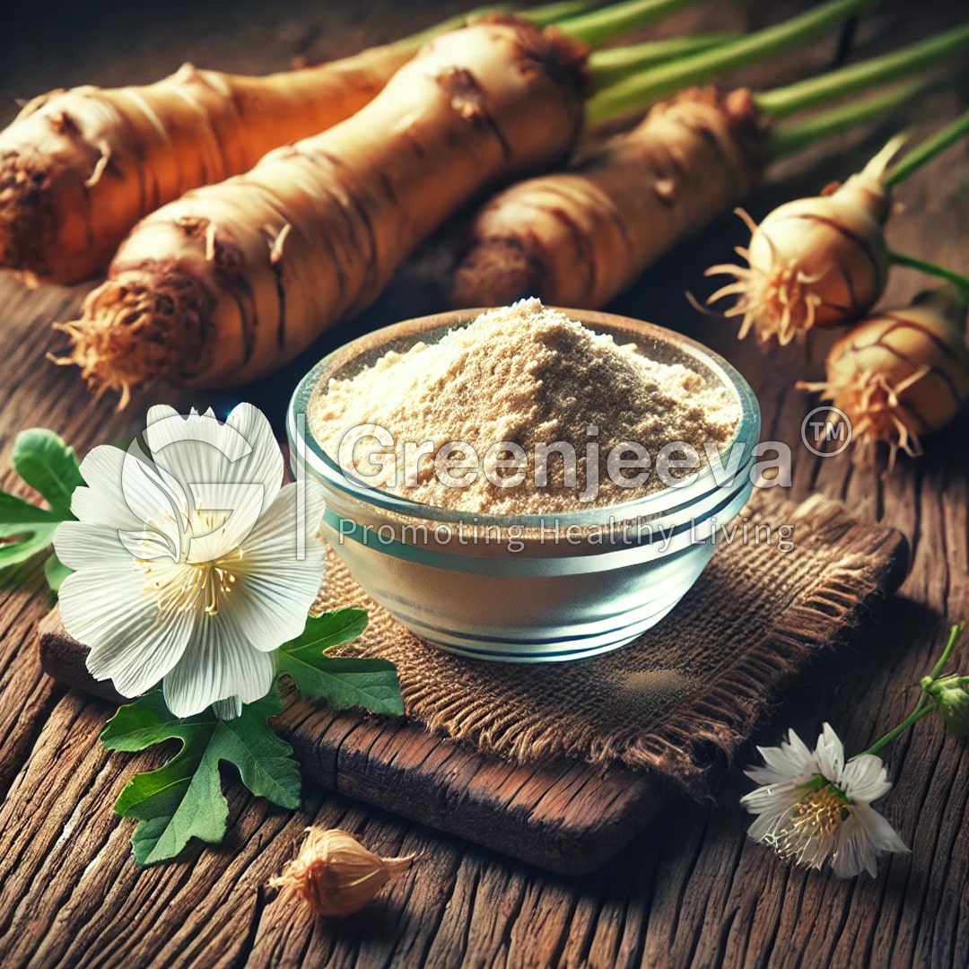A bowl of Chicory Inulin Powder 90% sits on a rustic wooden surface, surrounded by fresh roots and delicate white flowers.