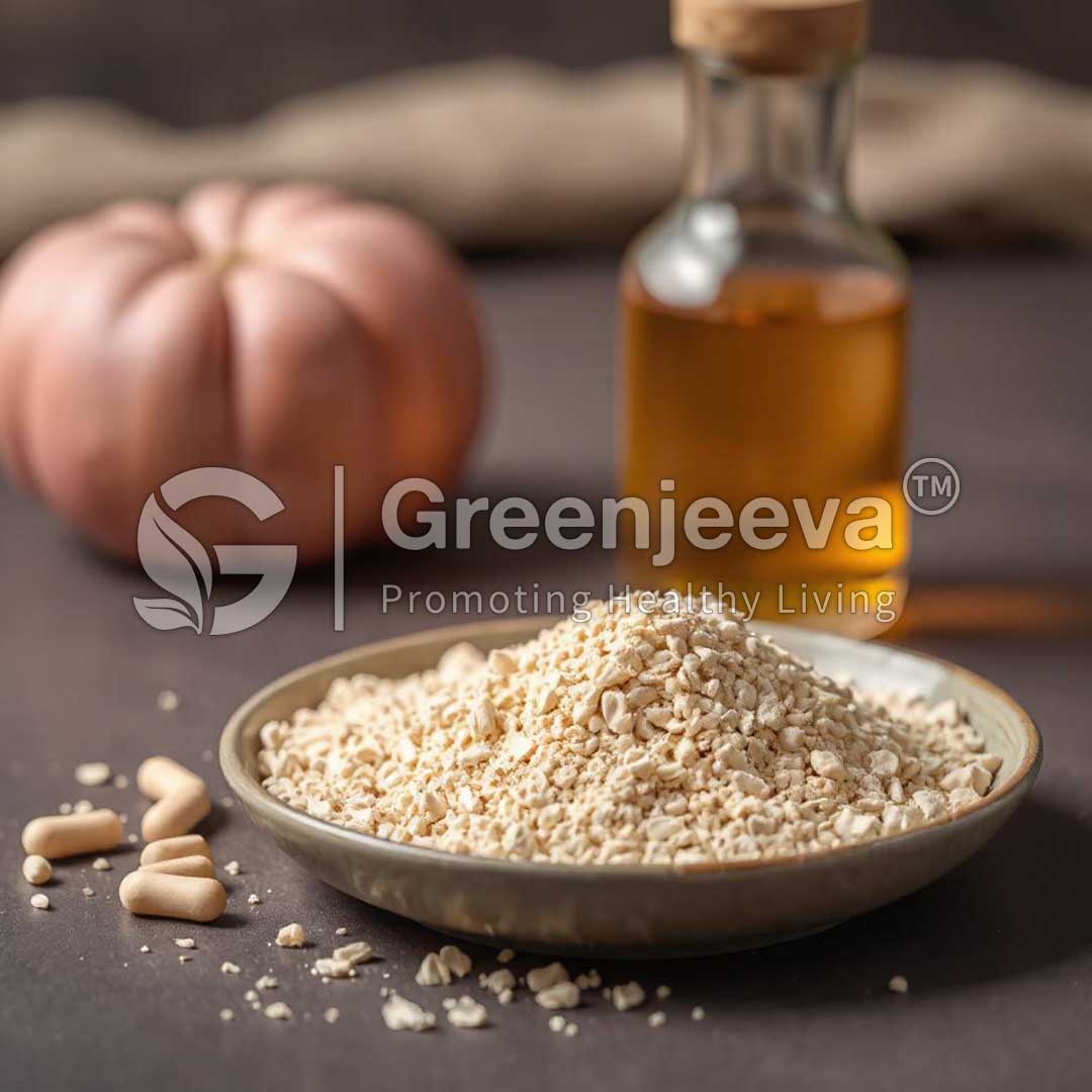 A bowl of Chondroitin Sulfate Powder, Porcine sits on a dark surface with a pumpkin and a bottle of oil in the background, promoting healthy living.