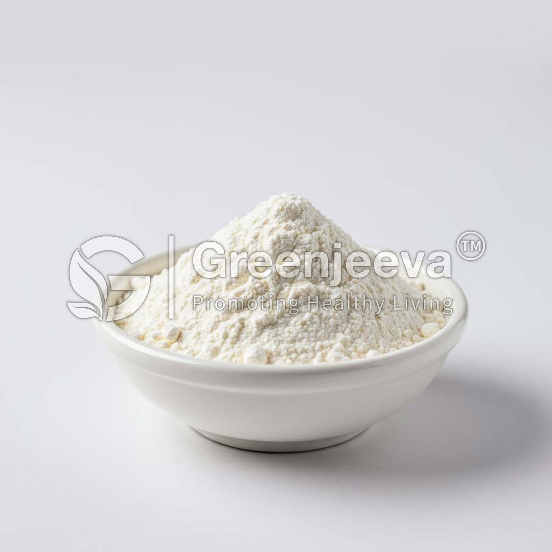 A small white bowl filled with fine Chondroitin Sulfate Powder, Porcine Grade sits on a light background, labeled with the Greenjeeva logo promoting healthy living.