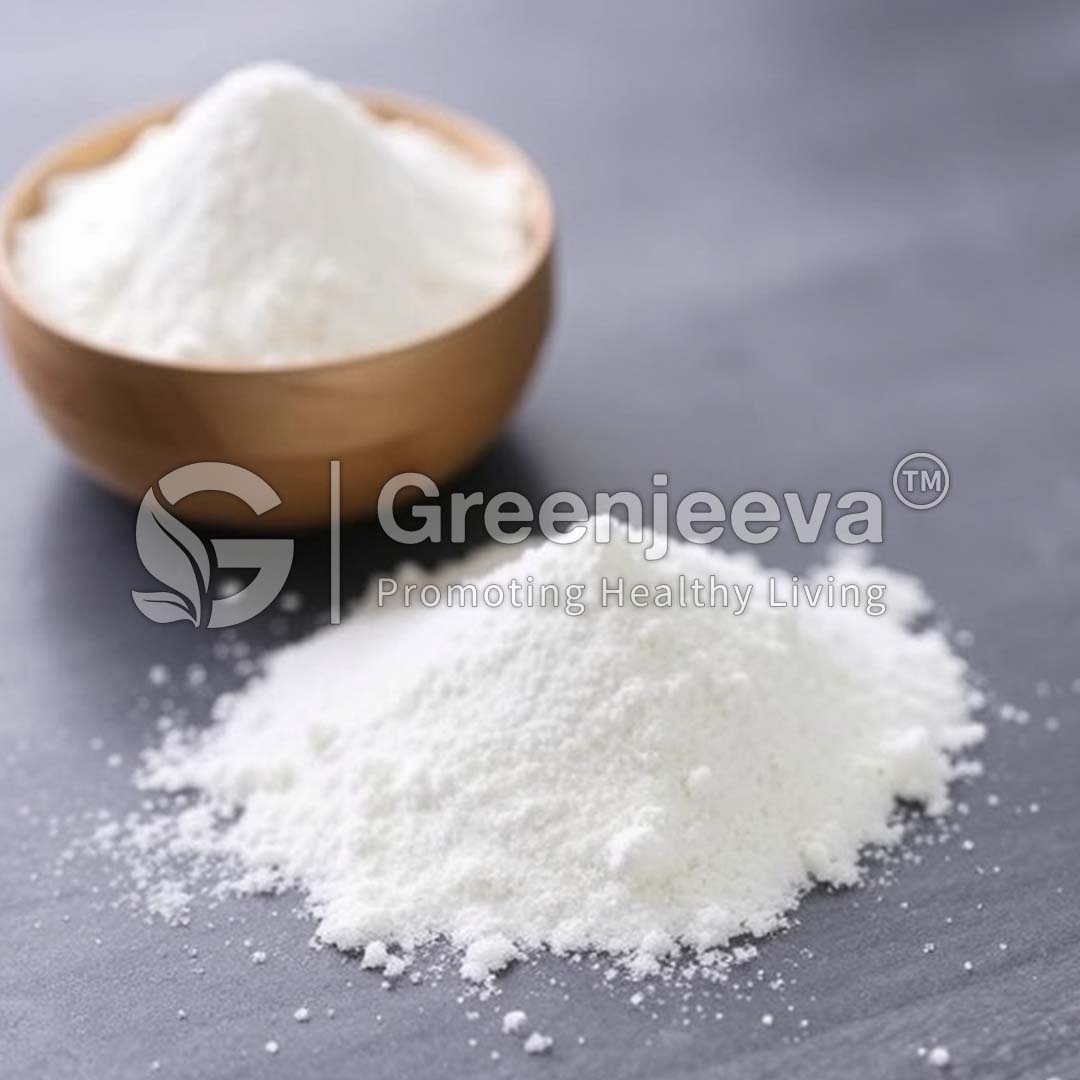 A wooden bowl filled with fine Citicoline Sodium Powder sits beside a mound of the same powder on a gray surface.