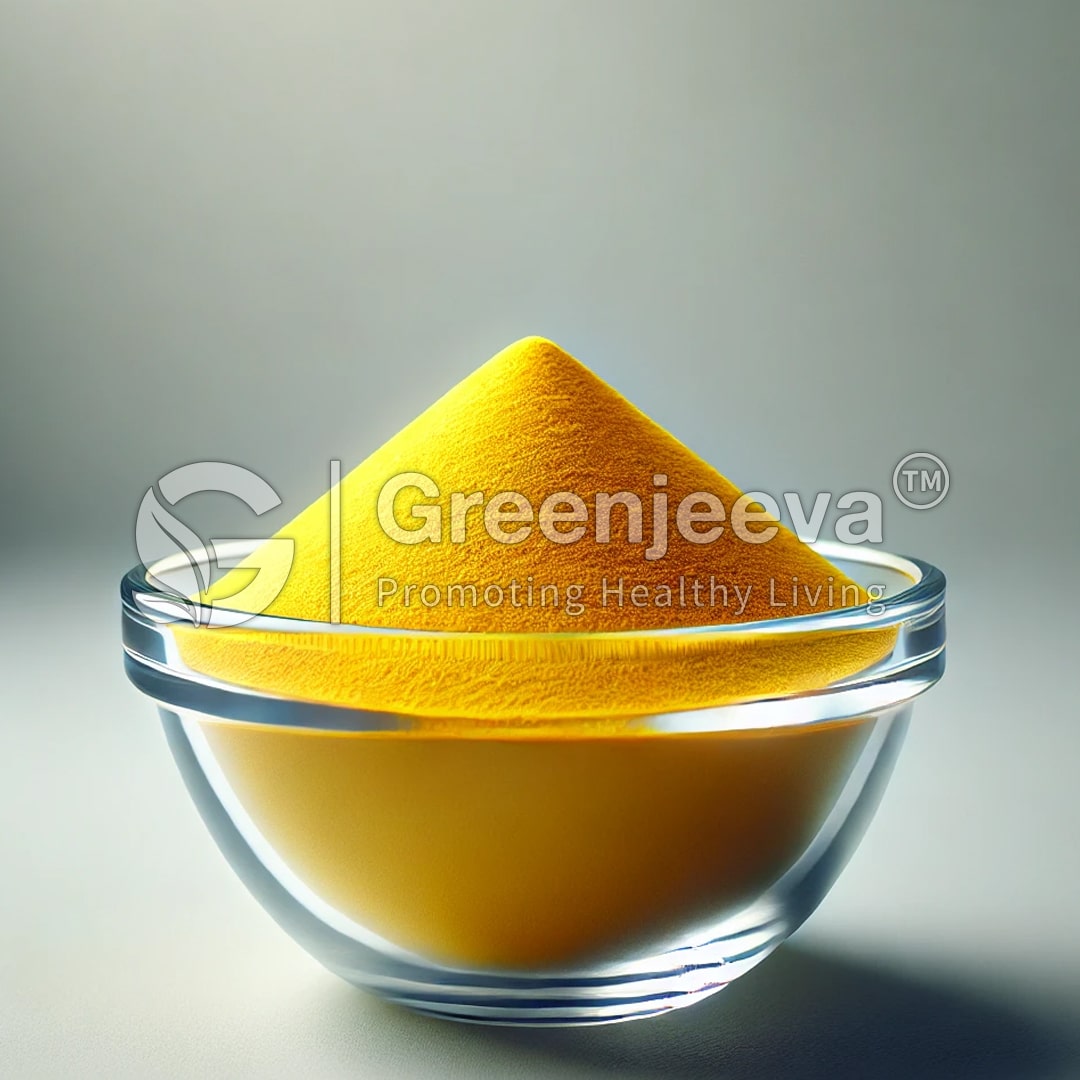 A glass bowl filled with vibrant Coenzyme Q10 powder, showcasing a smooth, conical mound against a softly lit background.