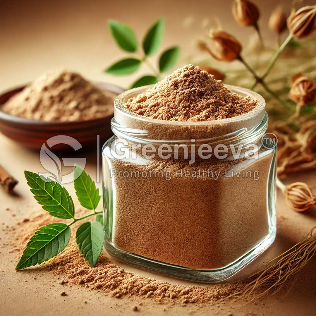 A glass jar filled with Cryptolepis Powder sits on a beige surface, surrounded by green leaves and a bowl of similar powder in the background.