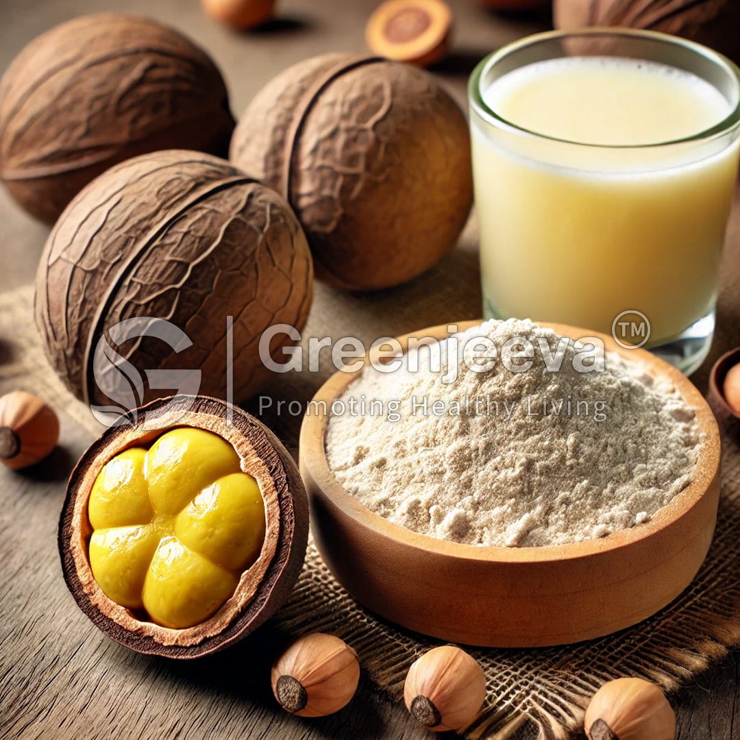 A wooden bowl of Cupuacu Juice Powder sits beside a glass of yellow drink and whole nuts, showcasing natural health ingredients and products.