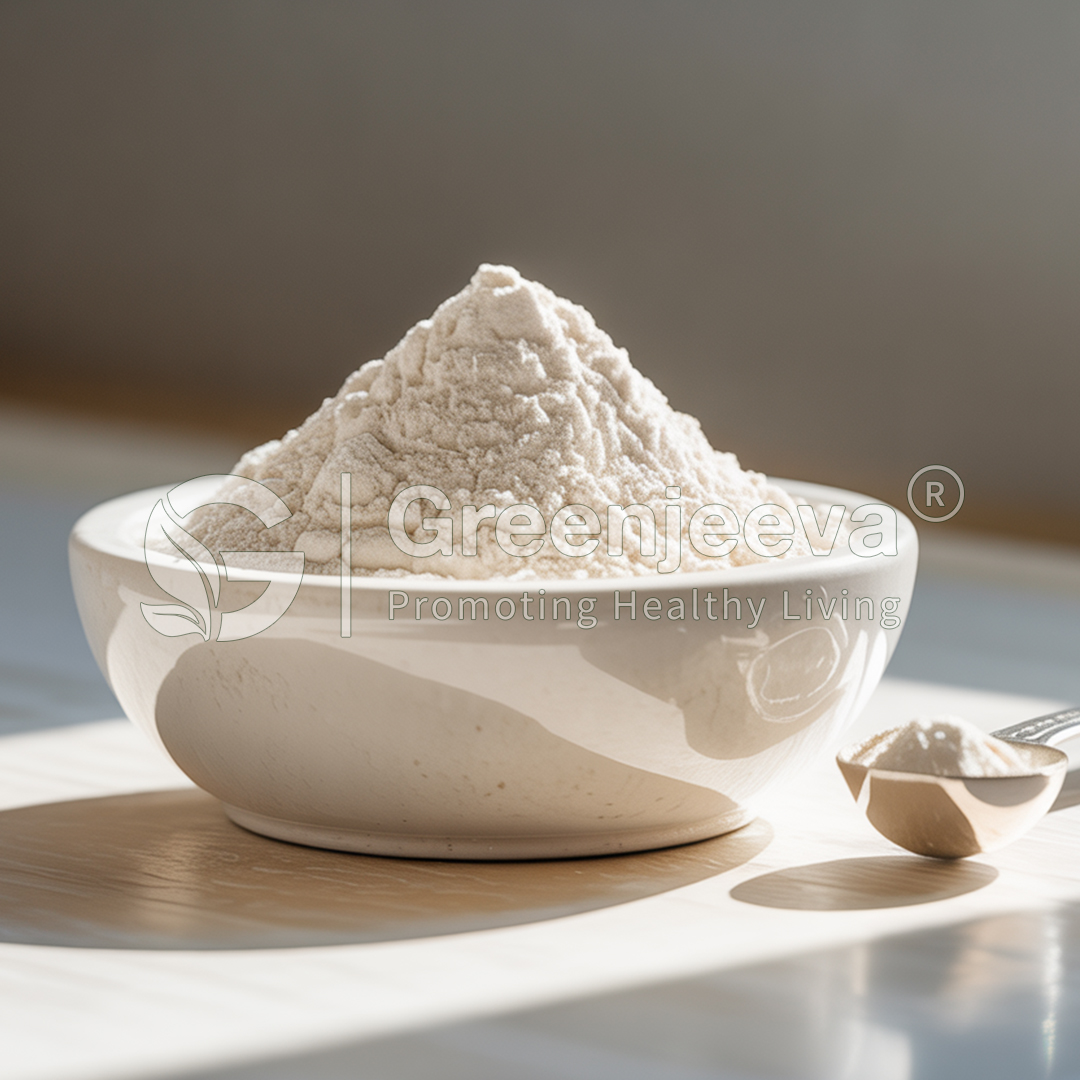 A bowl filled with finely textured white powder sits on a light wooden surface, with a small measuring spoon beside it.