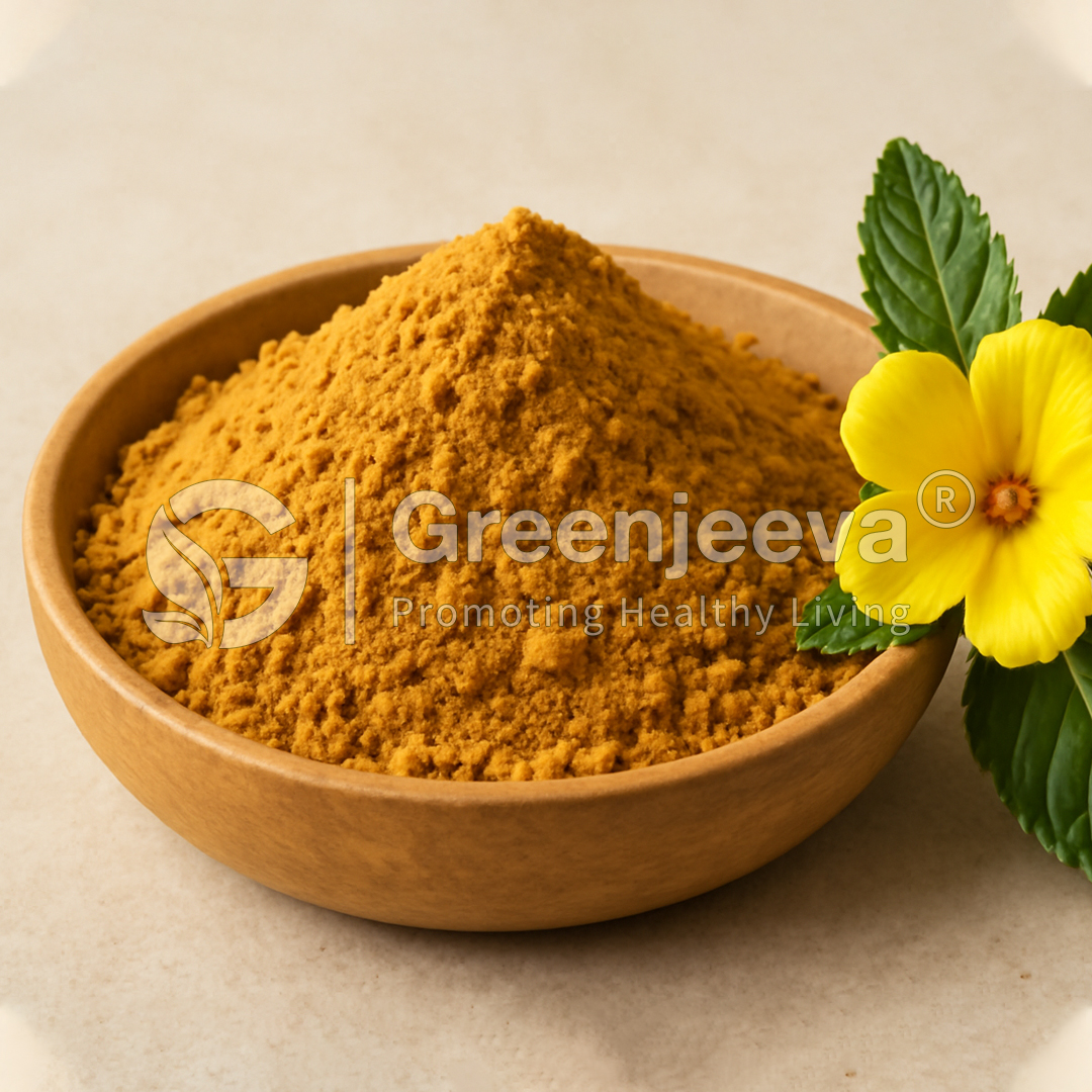 A brown wooden bowl filled with vibrant Damiana Extract powder, accompanied by a yellow flower and green leaves, on a light surface.