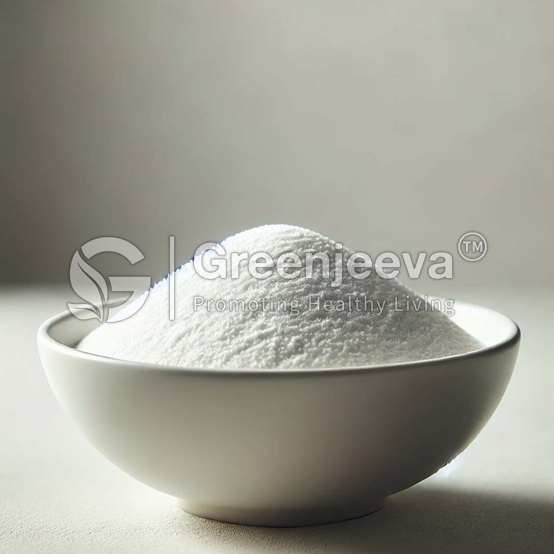 A close-up of a white bowl filled with finely Dextrose powder, set against a soft, neutral background.
