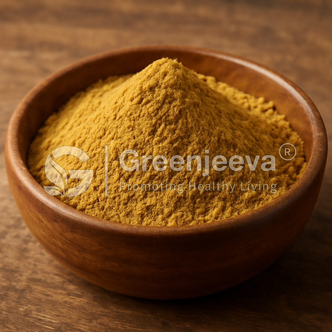 A mound of vibrant Eleuthero Root powder in a wooden bowl, set against a rustic wooden background.