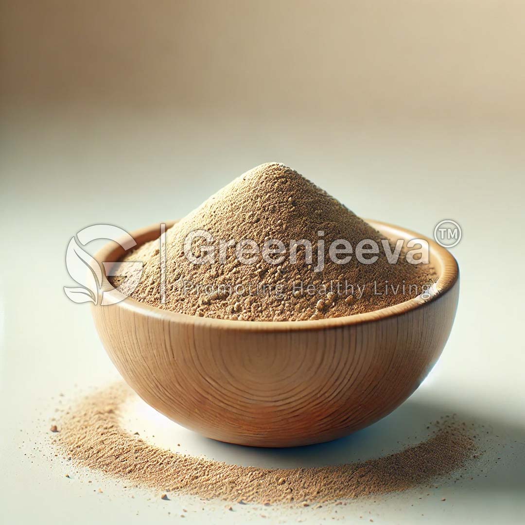A wooden bowl filled with light brown powder sits on a smooth surface, with some Enterococcus faecium Powder 100 B CFU/G spilled around it.