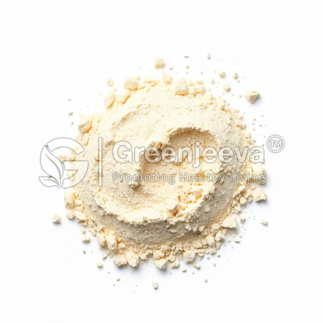 A close-up view of a mound of Enzyme blend (Custom) on a white background, branded with the Greenjeeva logo.