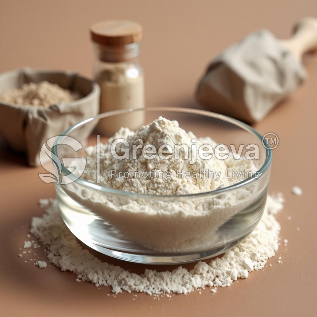 A bowl filled with flour on a surface, with scattered flour and Fluorene Myristate Powder containers in the background.