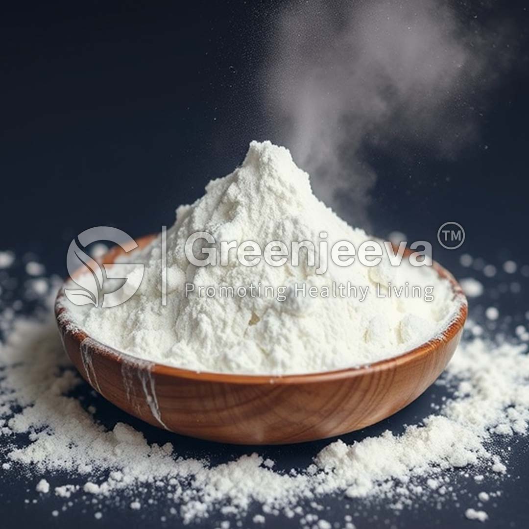 A wooden bowl overflowing with Fos Powder, a wooden scoop partially buried inside, with a gentle dust cloud rising. Set on a rustic wooden table with scattered flour, in a warmly lit, farmhouse-style kitchen background.