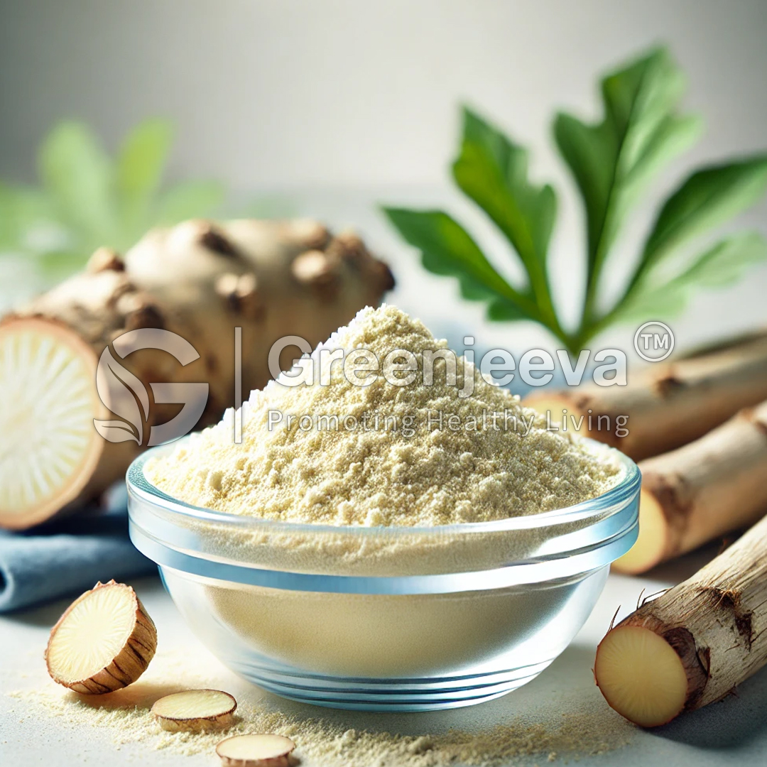 A glass bowl filled with Fructooligosaccharides Powder, surrounded by sliced roots and green leaves, emphasizing natural health benefits.