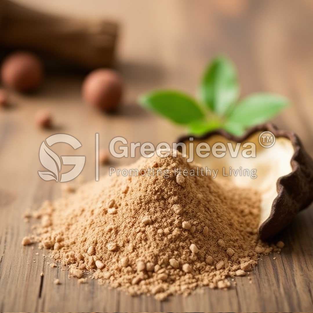 A mound of Organic Chaga Mushroom Extract Powder sits on a wooden surface.