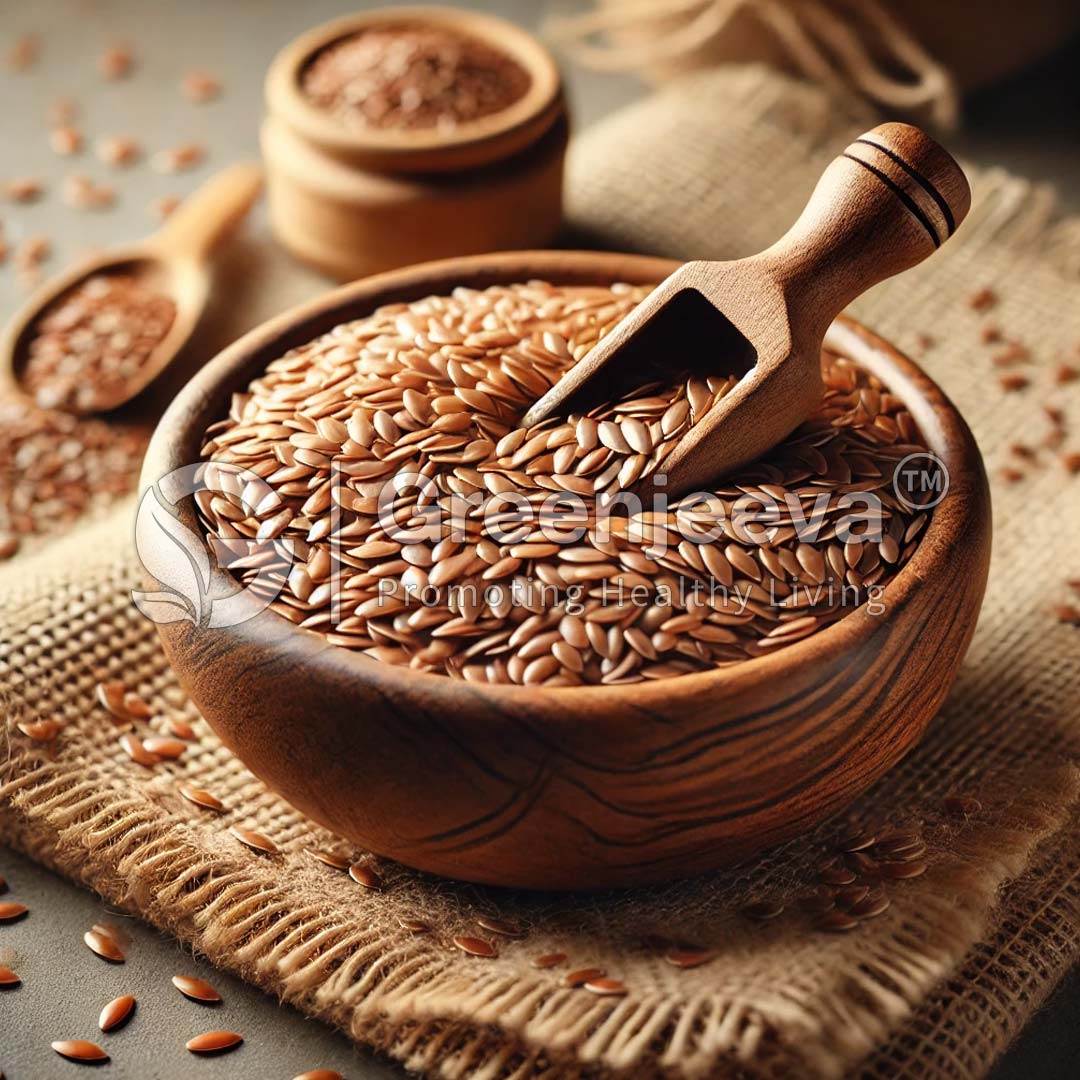 A wooden bowl filled with Organic Flax Seed, whole, accompanied by a scooping tool, on a textured burlap surface with scattered seeds.