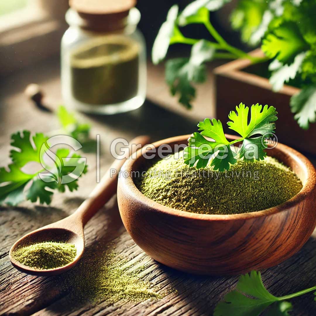 A wooden bowl filled with green cilantro powder.