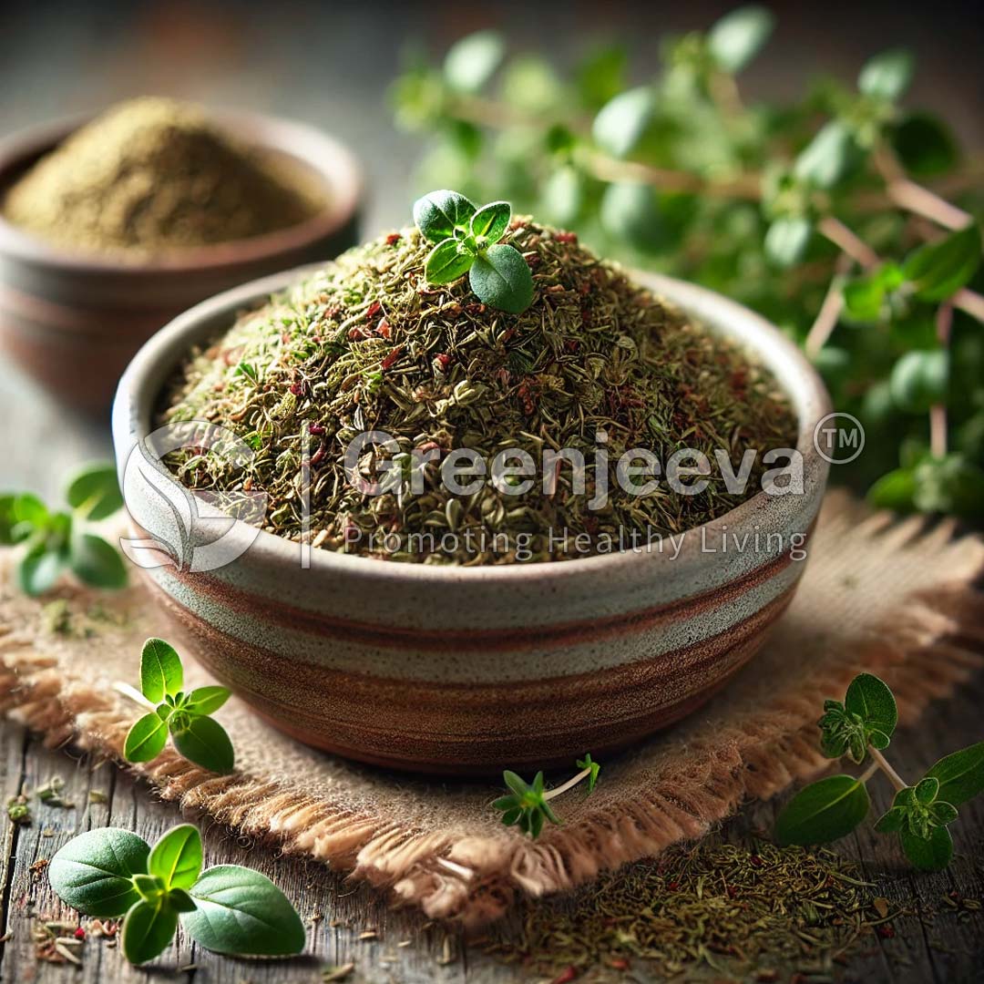 A textured bowl filled with dried herbs, topped with a fresh green leaf, surrounded by scattered herbs and an additional bowl in the background.