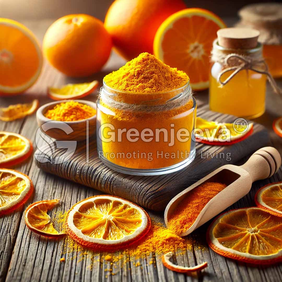 A jar of bright Orange Peel Powder surrounded by orange slices and honey, showcasing vibrant colors and health-conscious ingredients.
