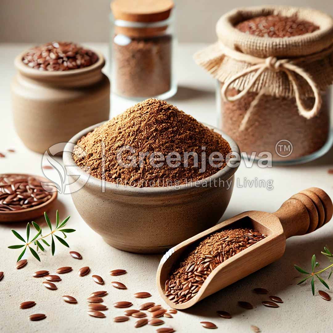 A bowl of ground Organic Flax Seed Powder with whole flaxseeds scattered around, accompanied by jars of flaxseed and a wooden scoop on a neutral background.
