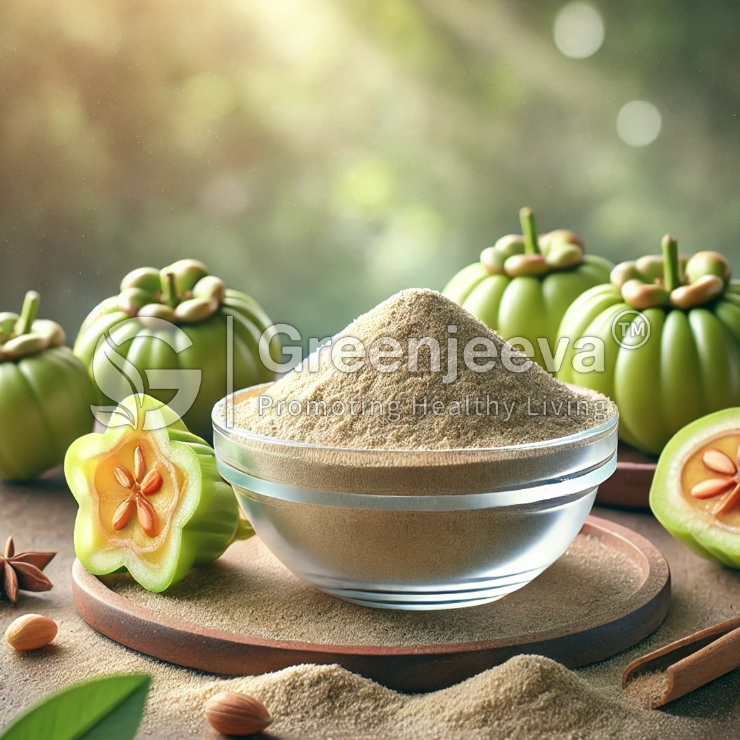 Bowl of Garcinia Extract Powder 60% HCA USP beside fresh green fruits and sliced sections, showcasing healthy ingredients and natural beauty.