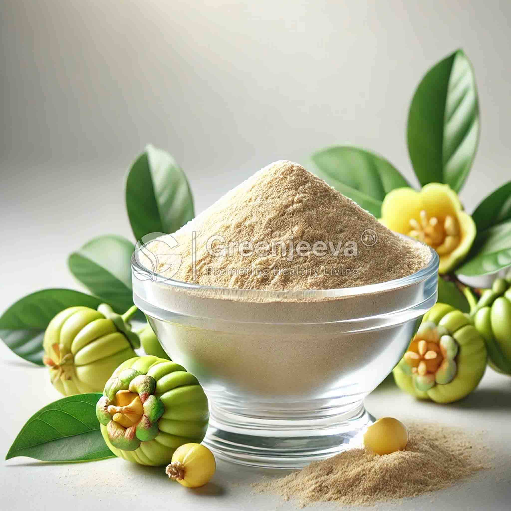 A clear bowl filled with Garcinia cambogia Berry Extract Powder 2:1 surrounded by fresh green leaves and vibrant yellow-green fruit.
